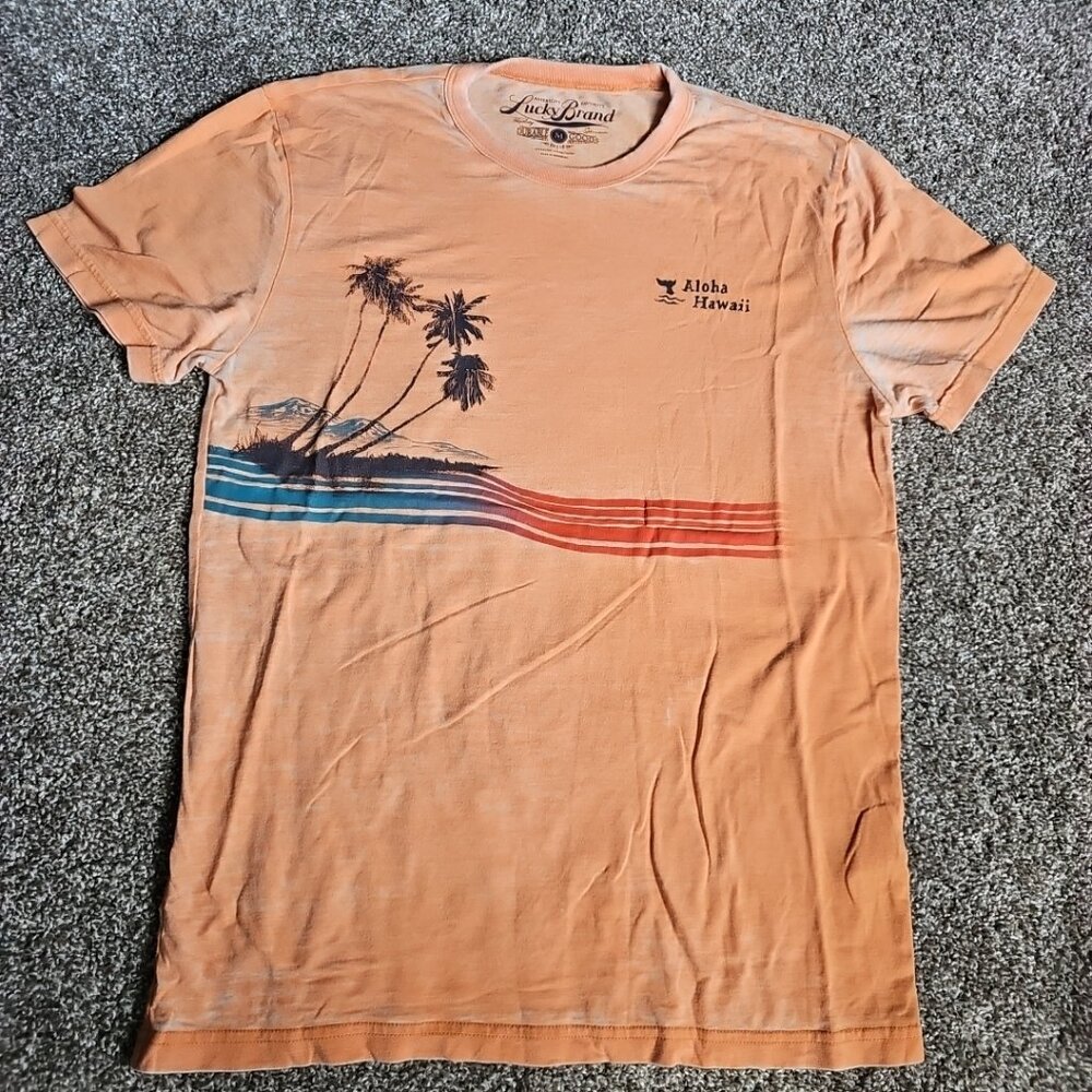 Lucky Brand Aloha Hawaii Coral Color Sz Medium Short Sleeve Shirt w. Palm Trees